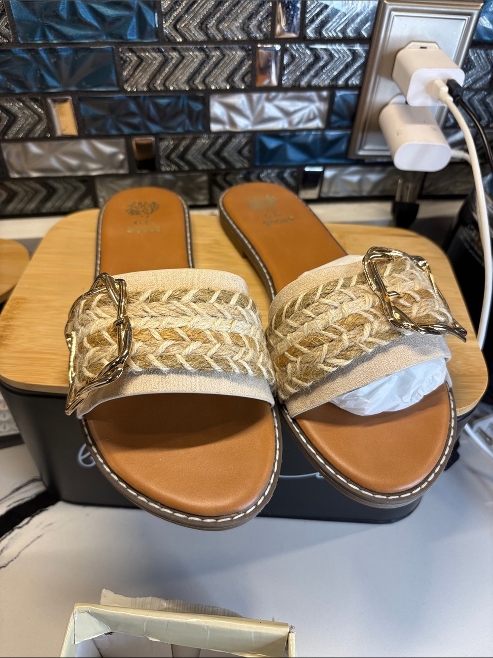 Women's Braided Tan Slide Sandals with Gold Accent